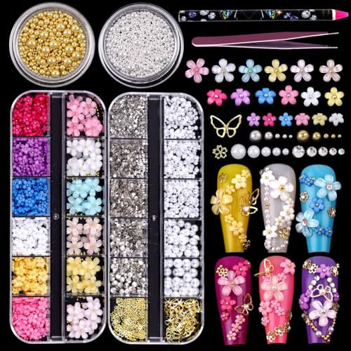 GZMAYUEN 3D Fleur Ongles Charmes et Strass Ongles, Breloques de Fleurs en Acrylique Colorées pour la Conception des Ongles, Strass pour Nail Art Breloques pour Ongles en perles à dos plat