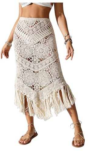 GORGLITTER Women's Crochet Beach Skirt Hollow Out Fringe High Waisted Bathing Suit Cover Up Apricot Small