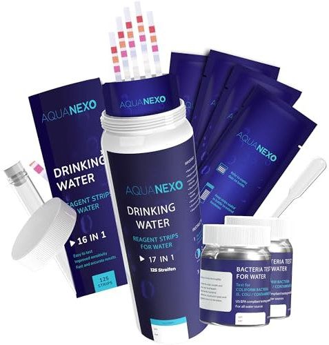 AQUANEXO 18 Parameter, 125 Trinkwasser Teststreifen (5x25)+ 2x Coliforme Bakterien Test, pH Teststreifen, Wassertester Trinkwasser, Wasserhärte messen, Trinkwassertest, Wasserhärte Teststreifen