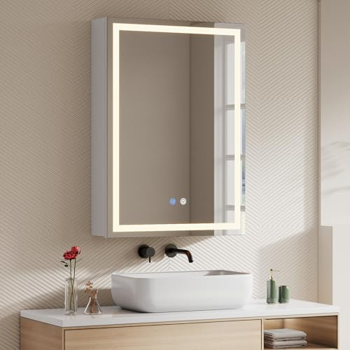 Warmiehomy Bathroom Mirror Cabinet with LED Lights,50x70cm 3-color Dimmable Illuminated Bathroom Mirror Cabinets with Shaver Socker Defogger Touch Switch One Door,White Frame