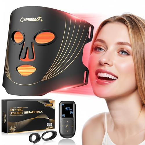 LED Mask – Maschera Luce Rossa Viso: 400 Perle LED Potenziate per Anti-età e Rigenerazione della Pelle con 4 Colori per Cura del Viso a Casa con Funzione Timer Telecomando e Protezione Occhi