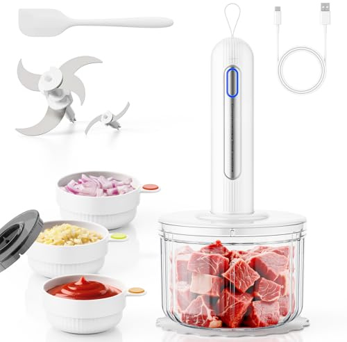 TPGSING Hachoir Multifonction Sans Fil, Batterie 4000mAh USB-C, Set avec 1 Bol Verre 1.5L + 3 Petits Bols 100ml et 5 Lames Inox - Pour Viande, Légumes, Purées Bébé