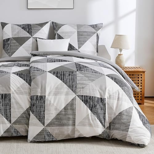 Qucover Bettwäsche 135x200 4teilig, Kariert Bettwäsche Sets mit 2 Kissenbezüge 80x80cm, Geometrische Bettbezug mit Reißverschluss, Bettwäsche 135x200 Grau Weich Atmungsaktiv (Grau, 135 x 200 cm)