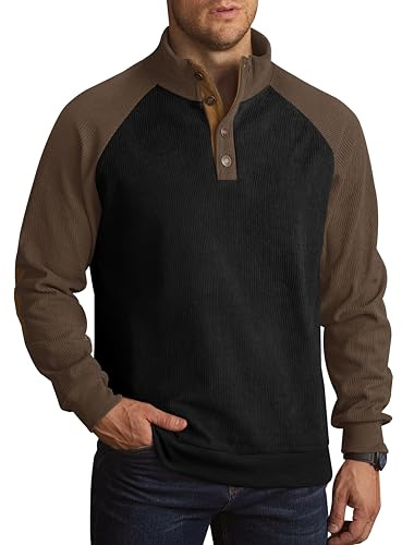 VOGSTART Men's Outdoor Hiking Clothing Elbow Patches Shirts Stand Up Collar Quarter Button 1/4 Button Casual Heavyweight Big Tall Pullover Black & Brown M