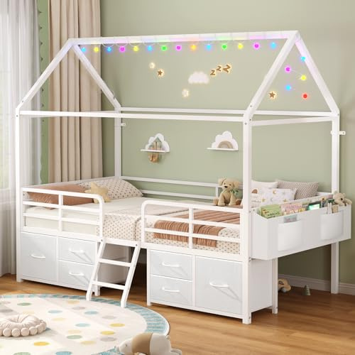 ADORNEVE Twin Size Bed Frame with 6 Drawers,White Metal House Kids Bed