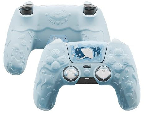 PlayVital Süße Silikonhülle für PS5 Controller, Ocean Whisper Serie, Schutzhülle Cover für PS5 Controller mit Joystick-Griffkappen&Schutzfolie, kompatibel mit Ladestationen, Rundumschutz(Mintblau)