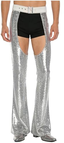 dPois Men Sequin Open Leg Bell Bottom Pants Jodhpurs Trendy Party Trousers for Masquerade Club Party Silver Medium