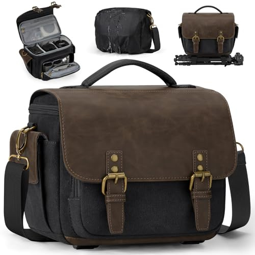 RAINSMORE Borsa Fotografica, Borsa Macchina Fotografica per DSLR/SLR/Mirrorless, borsa a tracolla in tela vintage per fotografi con copertura antipioggia impermeabile e supporto per treppiede