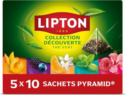 Lipton Coffret Thé Vert Assortiment 5 Saveurs Pyramid, 50 Sachets | Chaud ou glacé, saveurs variées, ingrédients d'origine naturelle, certifié Rainforest Alliance, sachets Pyramid, idée cadeau