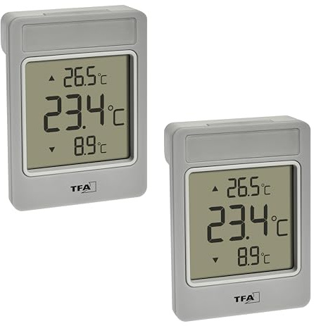 TFA Dostmann Set di 2 termometri da finestra WINDOO, 30.1067.15, misurazione digitale della temperatura esterna, montaggio facile, resistente alle intemperie, valori massimi e minimi, con pellicola
