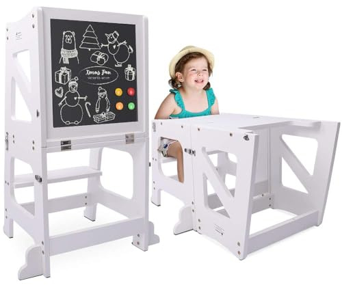 YOLEO Tour d'apprentissage 3 en 1, Pliable, Tour d'observation pour Enfants Montessori Learning Bois Naturel Kitchen Helper avec Tableau Noir et Blanc,Table et Chaise pour Enfant (Blanc)