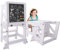 YOLEO Tour d'apprentissage Transformable, Pliable, Tour d'observation pour Enfants Montessori Learning Bois Naturel Kitchen Helper avec Tableau Noir et Blanc,Table et Chaise pour Enfant (Blanc)