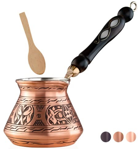 BCS Cafetera turca árabe griega de cobre de 340.2 g con mango de madera (4 porciones) Cafetera para estufa Cezve Ibrik Briki (incluye cuchara de madera)