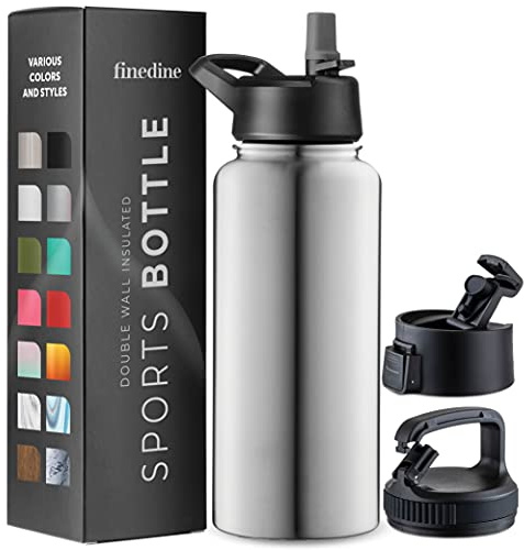 FineDine Water Bottle - Stainless Steel Insulated Water Bottle with Straw Lid, Flip Lid & Wide-Mouth Cap - Keeps Hot and Cold - 32 Oz / 946ml - Brushed Stainless Steel