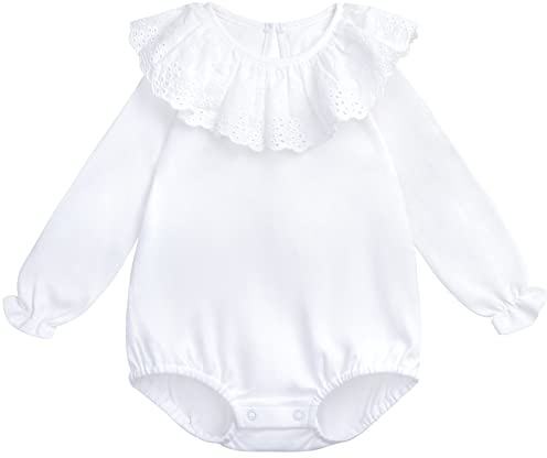 Bebè Body a Maniche Lunghe Camicia a Maniche Lunghe 100% Cotone con Collo a Balza Colletto da Bambola Moda Bambino Morbido Carino - Bianco Tinta Unita Taglia 6M