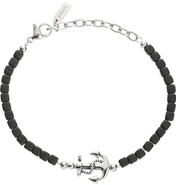 Breil, Collezione Mast, Bracciale Uomo in Acciaio ed Ematite, con Elemento Centrale in Acciaio a Forma di Ancora, Pratica Chiusura a Moschettone, Lunghezza Regolabile 17.5-22.5 cm, Silver e Black
