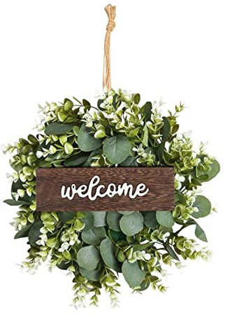 HAOSHICS Grüner Eukalyptus Kranz mit Willkommensschild Künstlicher Eukalyptus Kranz Frühling Sommer Kranz mit weißen Beeren für Haustür Wand Fenster Festival Veranda Bauernhaus Terrasse Garten Dekor