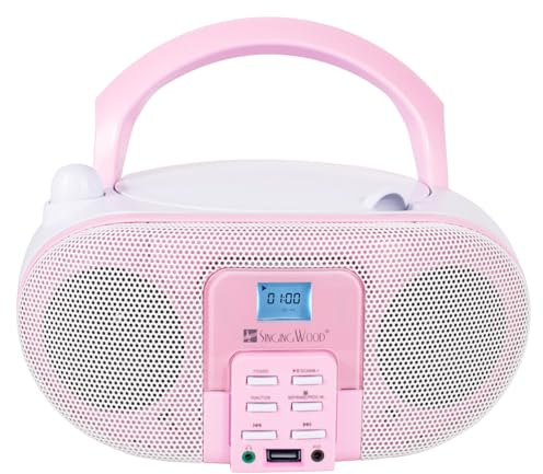 SingingWood GC01 Macarons Series bärbar CD-spelare Boombox med AM FM, Bluetooth, USB stereo radio barn CD-spelare LCD-skärm, främre aux-in-port hörlursuttag, som stöds AC eller batteridriven – Rose