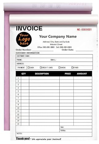 Custom Invoice Form with Your Company Name,Personalized Carbonless Form 3-Part /2-Part NCR Paper, Add Company Name, Address, Phone and Number Printed(A-2-Part,Logo)
