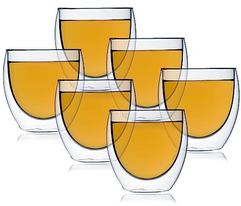 Valley of Tea Glass Cup Double Walled Teacup - 6 Pack, 250 ml, Modern, Transparent, Reusable, Break Resistant, Coffee Cup, Teacup Glass