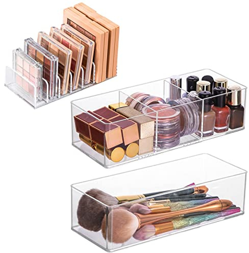 Towviy 3PCS Organizador de Maquillaje Acrílico 2 Cajones, Almacenamiento de Maquillaje Transparente 2 Cajones +1 Soporte Transparente para Sombras de Ojo para Cosméticos