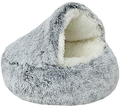 Freyamy Hundebett Katzenbett Rund Halb Geschlossener mit Kapuze Kleine Hunde und Katzen Haustierbett Waschbar rutschfest Hundebetten Lang Plüsch Verdicktes Warmes Hundekorb Farbverlauf Grau Ø40CM