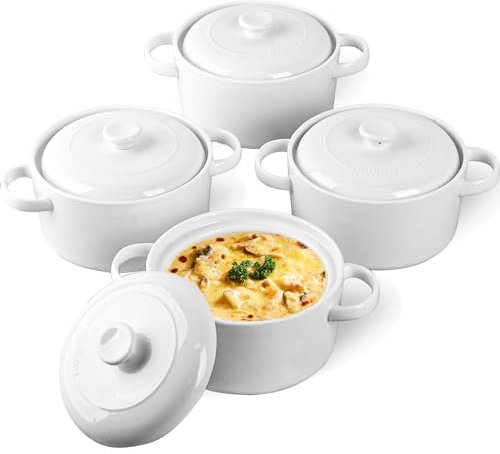 DELLING 28 Oz Soup Bowls with Handles and Lids, Large French Onion Soup Bowls, Ceramic Soup Crocks for French Onion, Oven Safe Bowls for Chili, Beef Stew, Cereal, Pot Pies, Bowls Set of 4, White