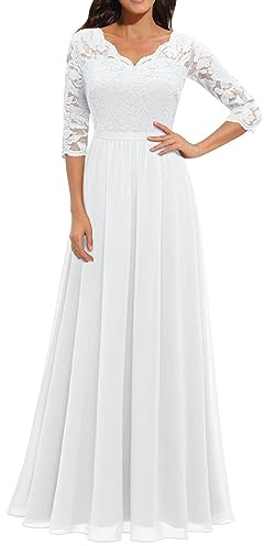 Yowablo Damenkleid mit einfarbigen Spitzeneinsätzen, Langer Taille und kurzen Ärmeln Kleid Elegant Damen Festlich (White, XL)