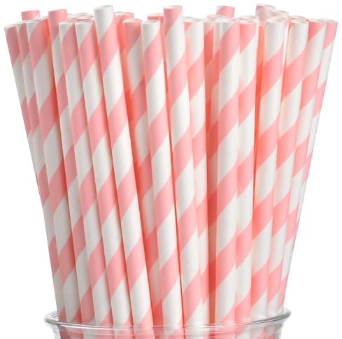 ALINK 100 Pink and White Striped Paper Straws, Biodegradable Disposable Drinking Straws for Christmas, Brithday, New Year, Party Decoration Supplies