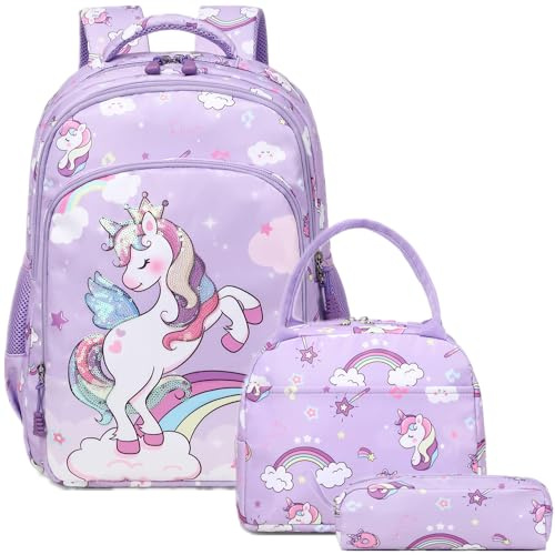 Jumpopack Skolväskset för flickor för barn med lunchlåda flickor skolväska för barn 3 i 1 skolväskset, Moln lila, Barnryggsäck
