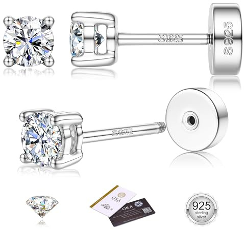 Pendientes de Moissanita para Mujeres,2-5MM,Clavos de Plata de Ley 925 con Baño de Oro de 14K,Corte Redondo Color D VVS1 de Diamante Simulado,Pendientes Hipoalergénicos,Regalo Ideal Plata-5mm(0.5ct)