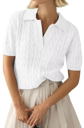 LACOZY Hauts d'été à manches courtes pour femmes col en V côtelé tricot polo pull chemises décontracté léger pull-over chemise 2025, blanc, XL