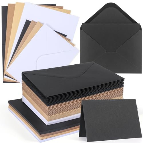 moinkerin 56x Klappkarten blanko mit Umschlägen (250g/m² A6) + 56x C6-Umschläge | Kraftpapier Set in 4 Farben (Weiß/Schwarz/Braun/Hellbraun) für Hochzeit, Business & DIY