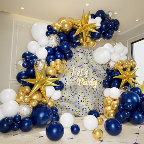 Navy Blue White and Gold Balloon Garland Arch Kit with Explosion Star Foil Balloons,5/10/12/18inch Blue Gold Confetti Latex Balloons for Graduation Anniversary Birthday Party Decorations