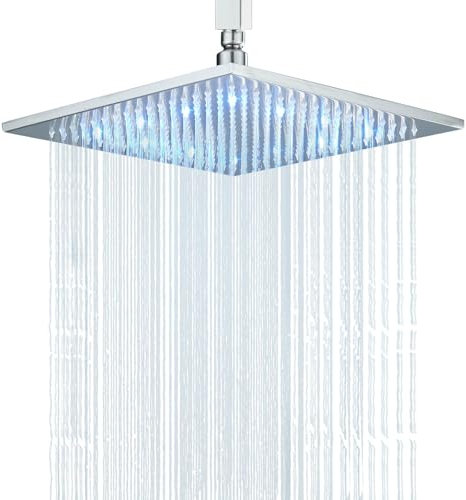 JUNSHENG Soffione Doccia Quadrato da 12”, Doccia a Pioggia con LED, Soffione Doccia Fisso (30x30cm) spazzolato