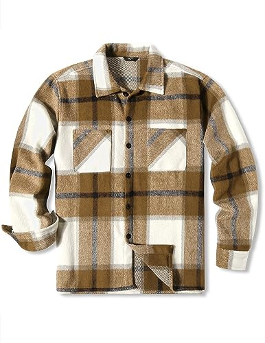 COOFANDY Camisa de Franela de Manga Larga a Cuadros para Hombre Chaqueta Casual a Cuadros con Bolsillos Caqui M