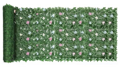 Rollo de seto de hojas de hiedra artificial verde de 3 m x 1 m con flores artificiales, valla de privacidad de hiedra sintética, protección UV impermeable para jardín, interior, exterior