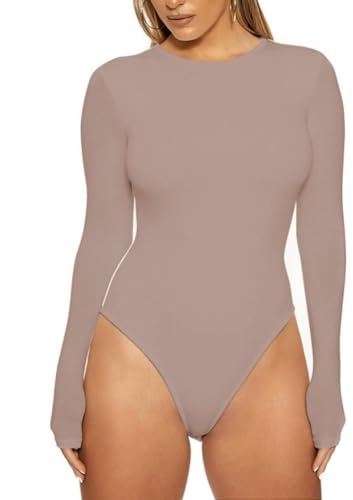 Sukiglam Women's Bodysuits Long Sleeve Crew Neck Thong Bodysuit Top Sexy Ladies One Piece Leotard Basic Shapewear Body Suits High Stretchy Soft Going Out Blouse Slim Fit Casual T Shirts