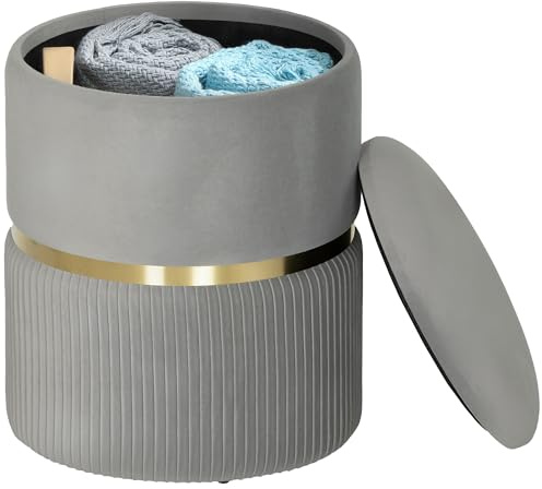 HOMCOM Round Storage Stool, Velvet-feel Fabric Upholstered Vanity Stool with Removable Top, Padded Seat and Hidden Space for Living Room, Bedroom, Light Grey