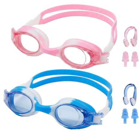 ZHEZHI Kids Swimming Goggles 2-Pack for Boys Girls Aged 6-14, Anti-Fog Swimming Goggles Kids 6-14 with Soft Silicone Frame, Includes Nose Clip, Ear Plugs and Protective Storage Case -Blue & Pink