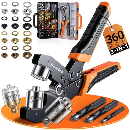 Preciva Kit de Remachadora de Ojales con Cabezales Intercambiables, Herramienta de Engaste con Ojales de 4 Colores de 6/10/12 mm, Alicate Sacabocados con Maletín para Lonas de PVC, Toldos y Cartón