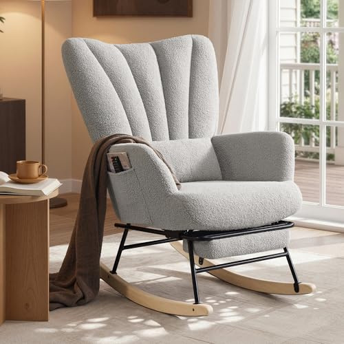 SONGMICS Sedia a Dondolo, Poltrona a Dondolo, Poggiapiedi Estraibile, Cuscino Rimovibile, Tasche, Gambe in Legno, Tessuto di Peluche, Camera da Letto Soggiorno, Grigio Tortora LYY018G101