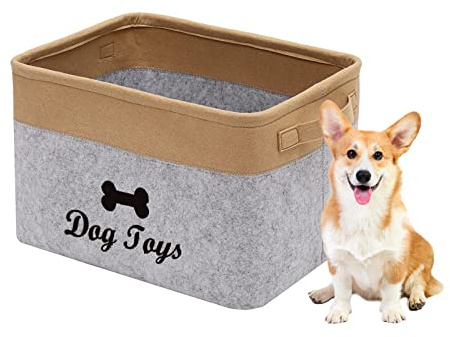 Geyecete Dog Toys Box Storage Bins Basket-Pet Toy and Accessory Storage Bin,Foldable felt Organizer Storage Basket for Pet Toys,Blankets-Light Gray/Khaki