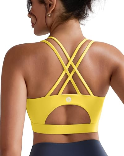 Reggiseno Sportivo da Donna con Spalline Incrociate Sexy per Ragazze, Supporto Medio per Yoga, con Coppe Rimovibili - Giallo - S