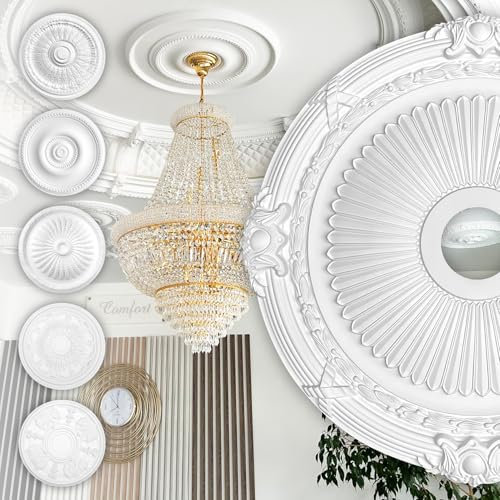 HEXIM Perfect Stuckrosette aus PU hartschaum - Deckenrosette weiß, Zierelement, Stuck (B3074, Ø 70cm) Wanddekoration Schlafzimmer Lampe Rosette rund