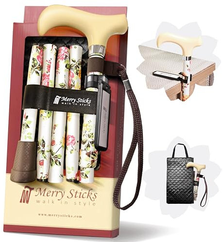Merry Sticks Faltbarer Verstellbarer Designer Gehstock, Faltstock, Creme Blumen, Enthält eine praktische Stocktasche und EIN Intelligenter Reflektierender Stockhalter