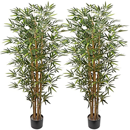 Briful 2 Pack 5Ft 60 Artificial Trees Outdoors Fake Bamboo Trees with Natural Cane Artificial Bamboo Plants Fake Plants in Pots for Home Office Lobby Garden Decoration