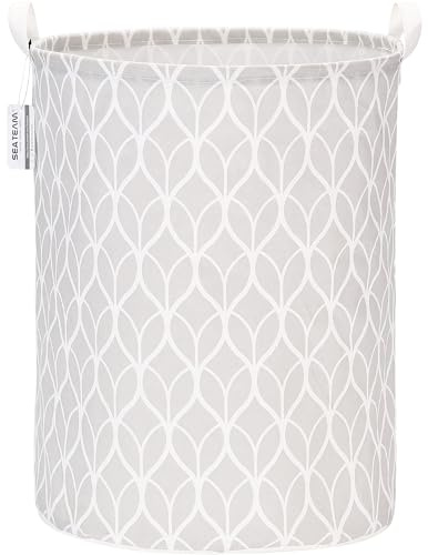 Sea Team 19.7 Inch Large Sized Waterproof Coating Ramie Cotton Fabric Folding Laundry Hamper Bucket Cylindric Burlap Canvas Storage Basket