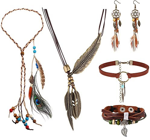 Milacolato Bohemian Schmuck Set Boho Feder Dangle Ohrringe Leder Anhänger Brown Feder Halskette Choker Halskette Handgemachte gewebte Perlen Armband Böhmische Kopfschmuck Tribal Schmuck Geschenk