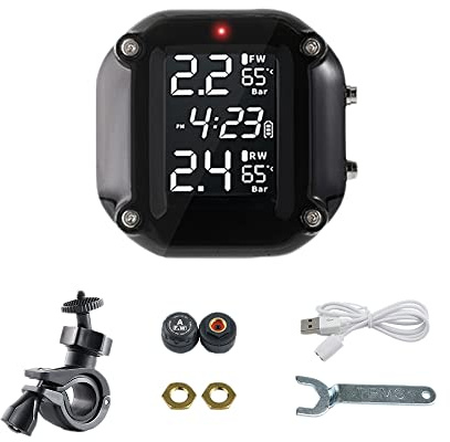 Riloer 1x Sistema de control de presión de los neumáticos de motocicleta, Monitorización en tiempo real de la presión y temperatura de los neumáticos para motos de dos ruedas, Negro/Transparente